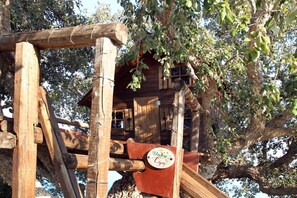 A wooden treehouse with a sign reading "Baby Cyn" attached to a wooden structure. - Villa CYN-pool, billiards, piano and miniature golf (Santo Stefano di Camastra)