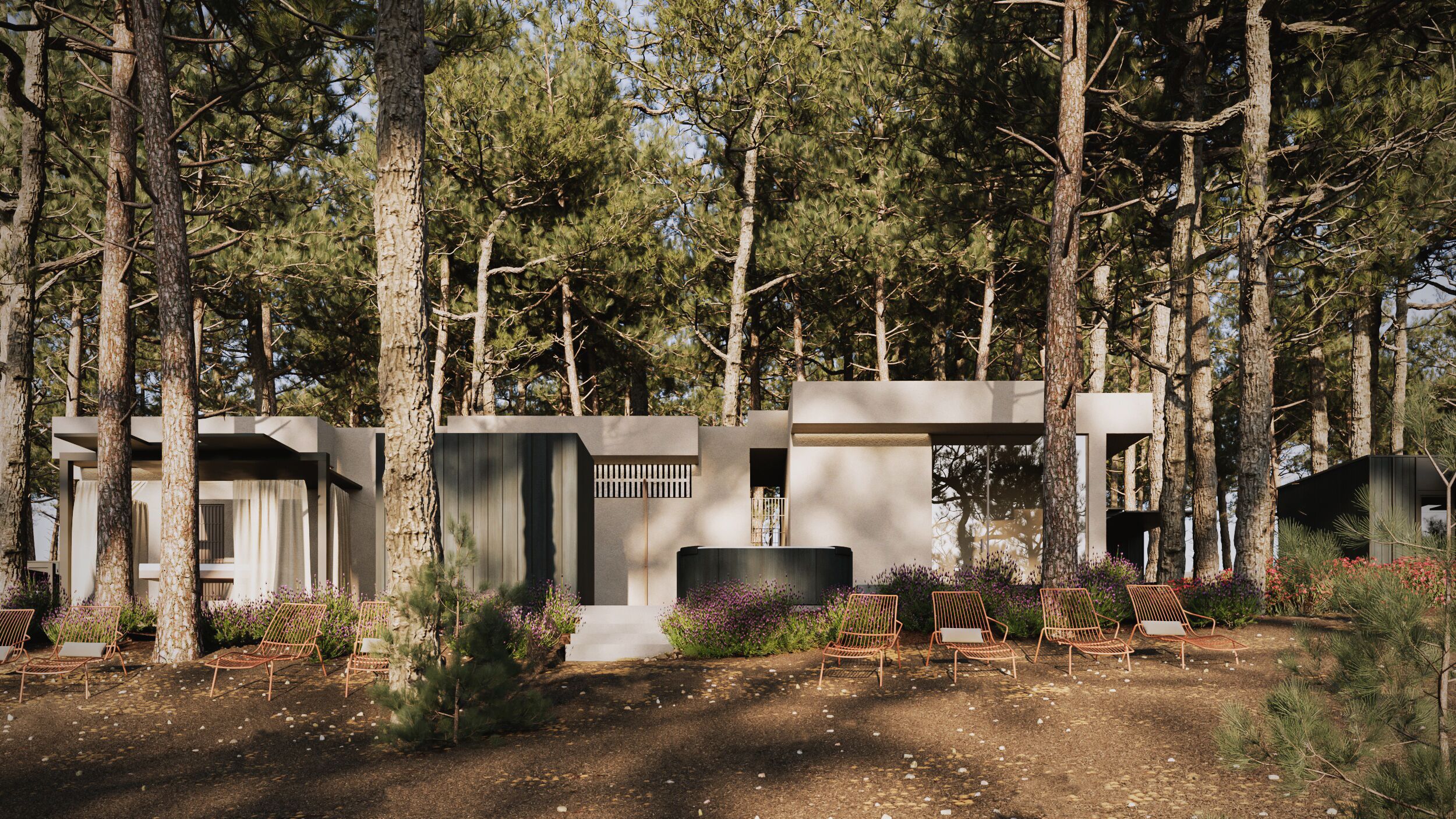 A modern outdoor seating area with metal chairs and a small table, surrounded by trees and a dirt ground.