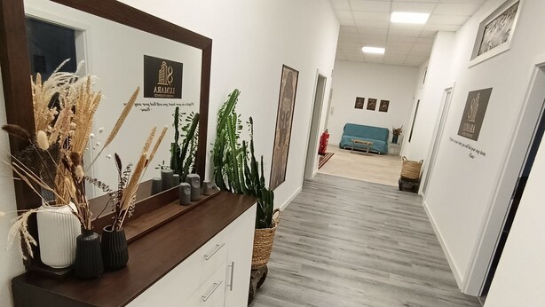Een hal met een receptiebalie, ingelijste kunstwerken en potplanten.