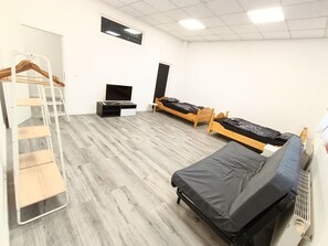 A dormitory room with bunk beds, a TV, a desk, and a ladder. - Lumara Apartment for 10 (Aschaffenburg)