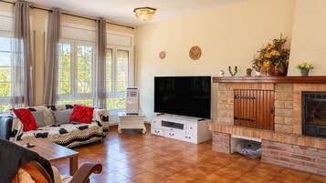 Televisie, een open haard en een tafeltennistafel