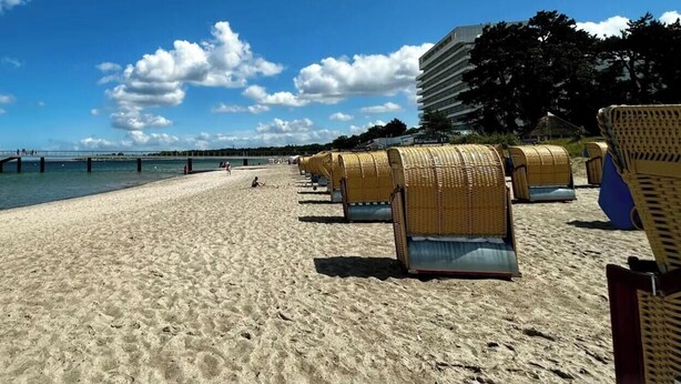 En strand med rader av flätade strandstolar och en brygga i bakgrunden.