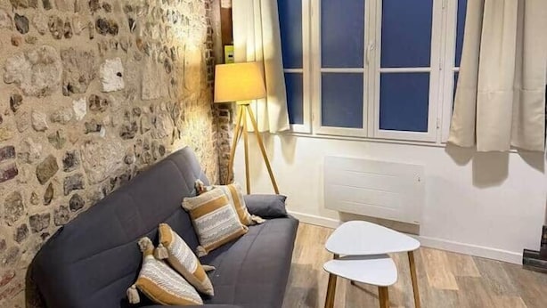 A cozy room with a stone wall, a dark sofa with cushions, a small white table, and a window with curtains. - Apartment in the historic center of Honfleur (Honfleur)