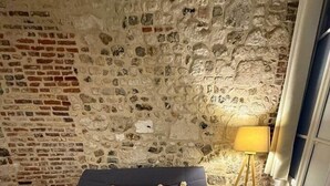 A room with a stone wall, a dark sofa with patterned cushions, a white coffee table, and a floor lamp. - Apartment in the historic center of Honfleur (Honfleur)