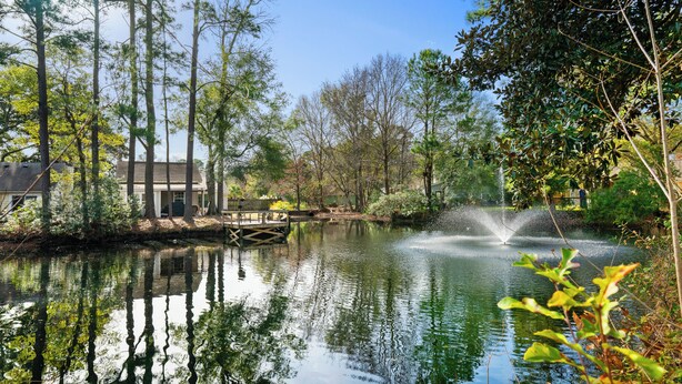 A serene lake with a fountain, surrounded by trees and a building with a bridge.