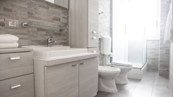 Shower, hair dryer, bidet, towels