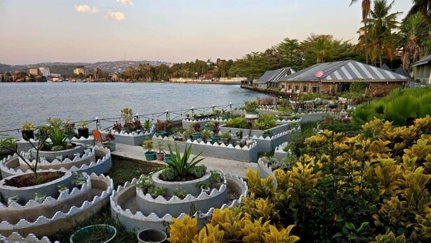 Un jardin aménagé avec des jardinières rondes, offrant une vue sur l’eau et les bâtiments situés au loin.