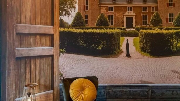Une pièce dotée d’une grande porte en bois, d’une chaise avec un coussin jaune, d’un tapis en fourrure et d’une fresque représentant un château.