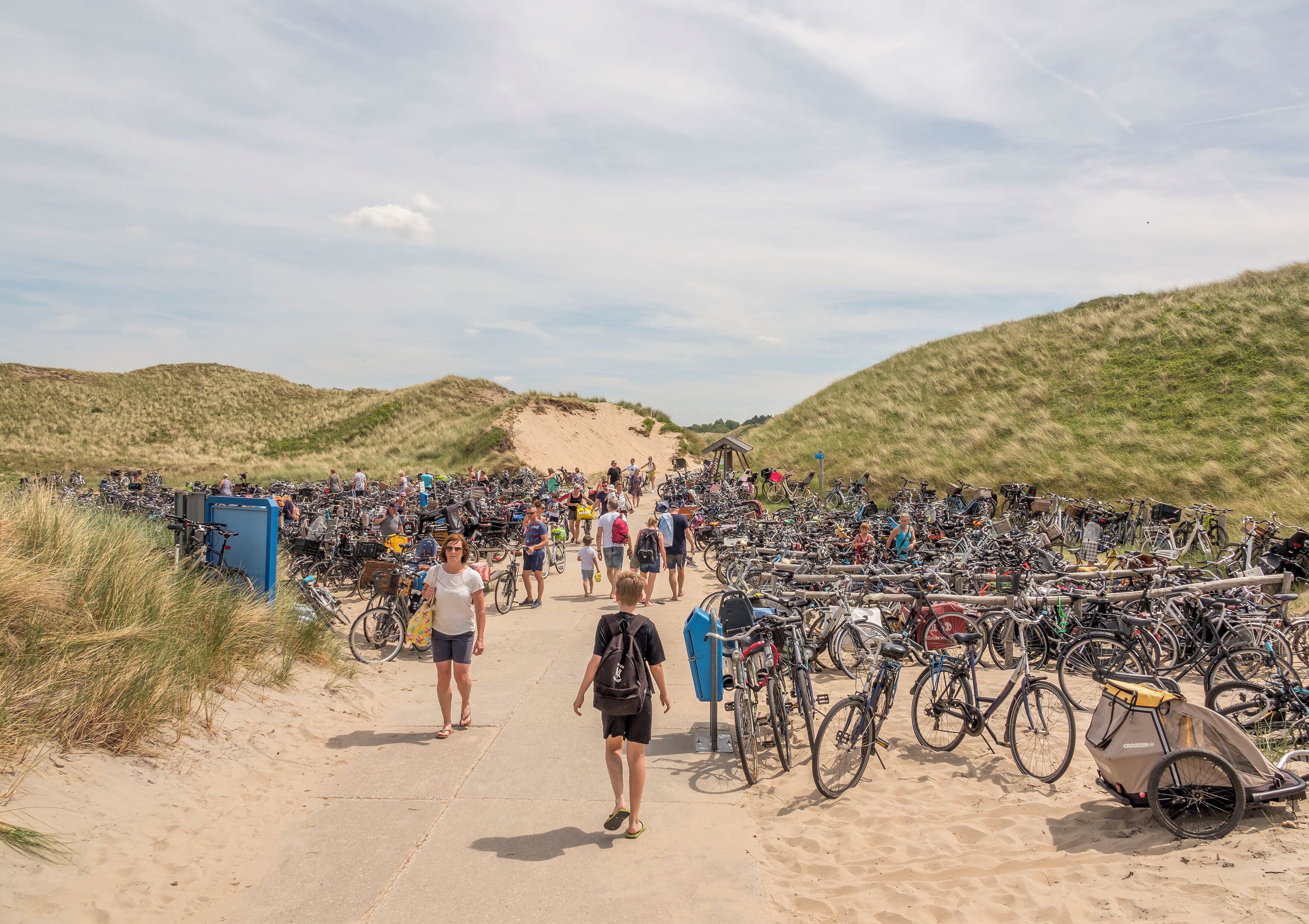 Un sentier sablonneux bordé de vélos garés de part et d’autre, qui mène vers un paysage de dunes.