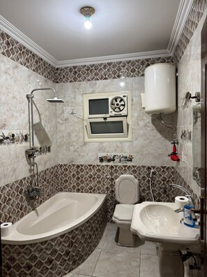 Douche, baignoire à jets, sèche-cheveux, bidet