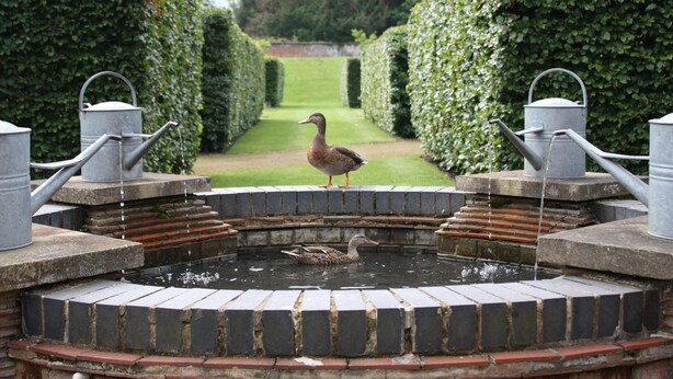 A duck pond with two metal watering cans on either side, surrounded by brick steps and hedges. - Elsham Hall Bothies: Countryside Retreat with Garden Views & Free Park Access (Elsham)