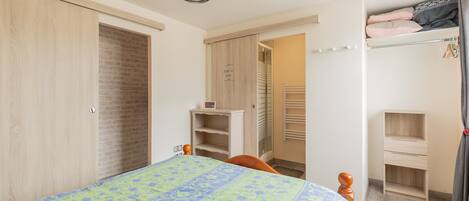 A bedroom with a bed, a wardrobe, a bedside table, a lamp, and a closet.