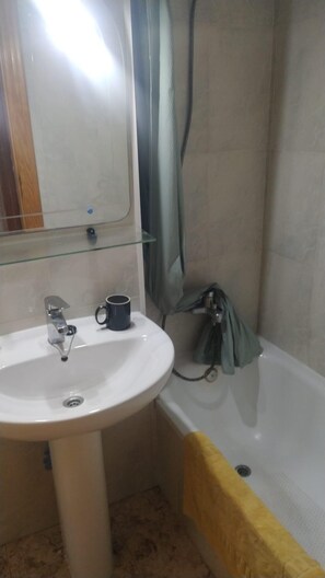 Hair dryer, towels, shampoo, toilet paper