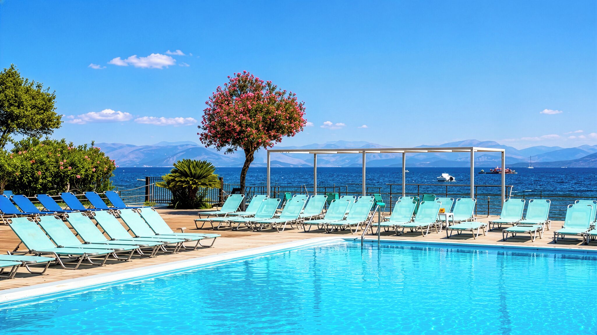 A poolside area with lounge chairs and a view of the sea.
