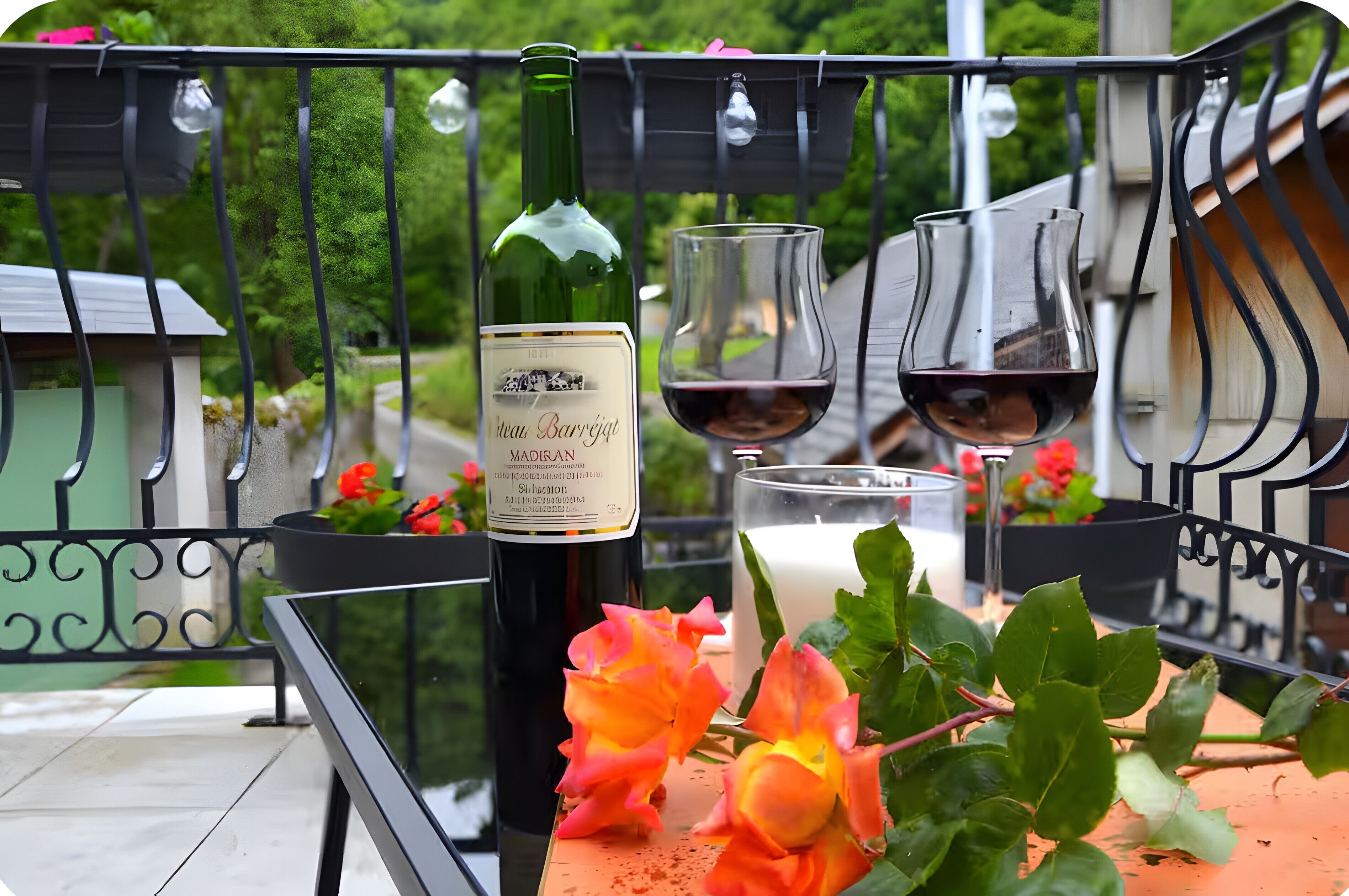 Ein Balkon mit Tisch für zwei Personen, ausgestattet mit einer Weinflasche, zwei Gläsern und einer Kerze.