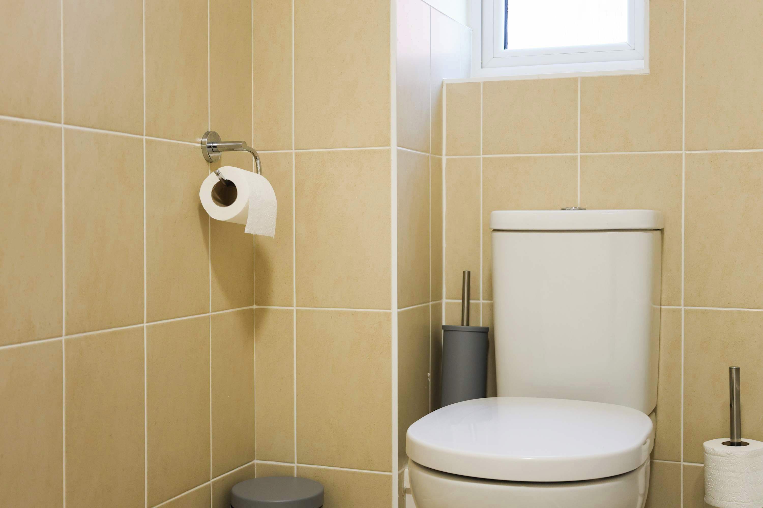 Een badkamer met beige tegels, een toilet, een prullenbak en een toiletrolhouder.