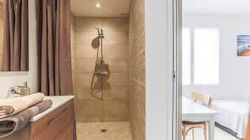 Regadera, secadora de cabello, toallas