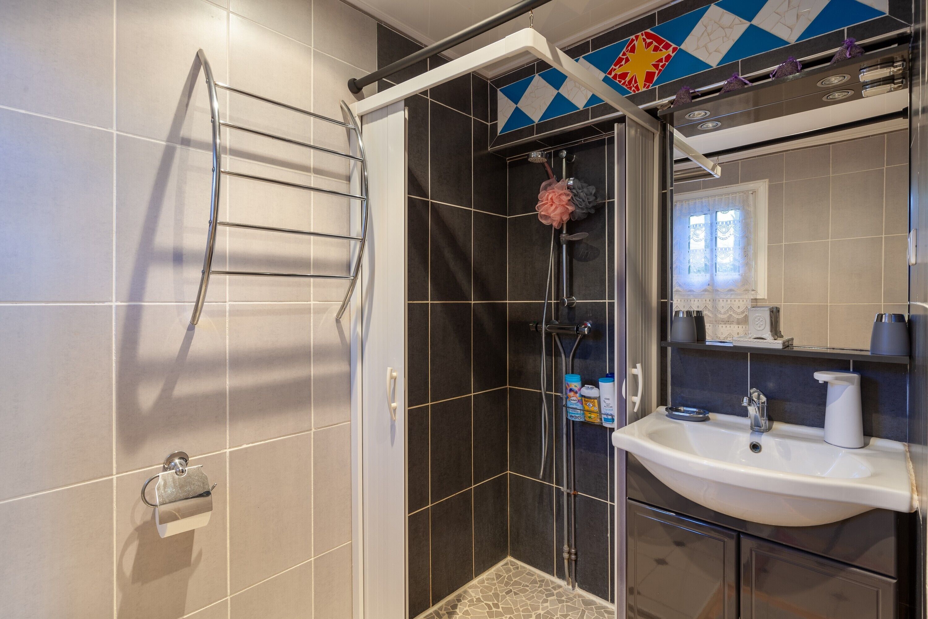 Shower, hair dryer, towels