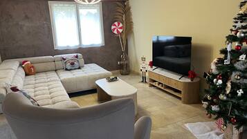 Una televisión, una mesa de tenis de mesa