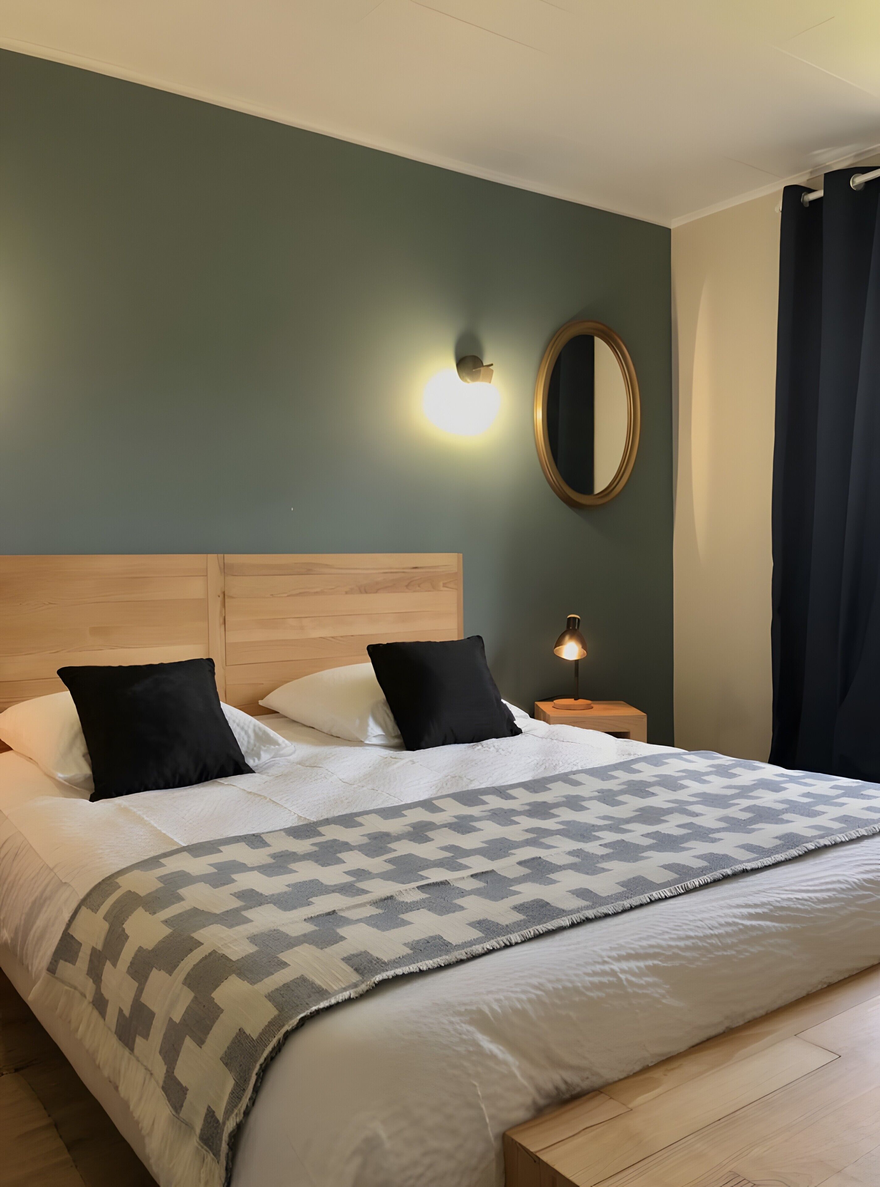 A neatly made bed with a patterned blanket, a wooden headboard, a round mirror, and a wall-mounted light fixture.