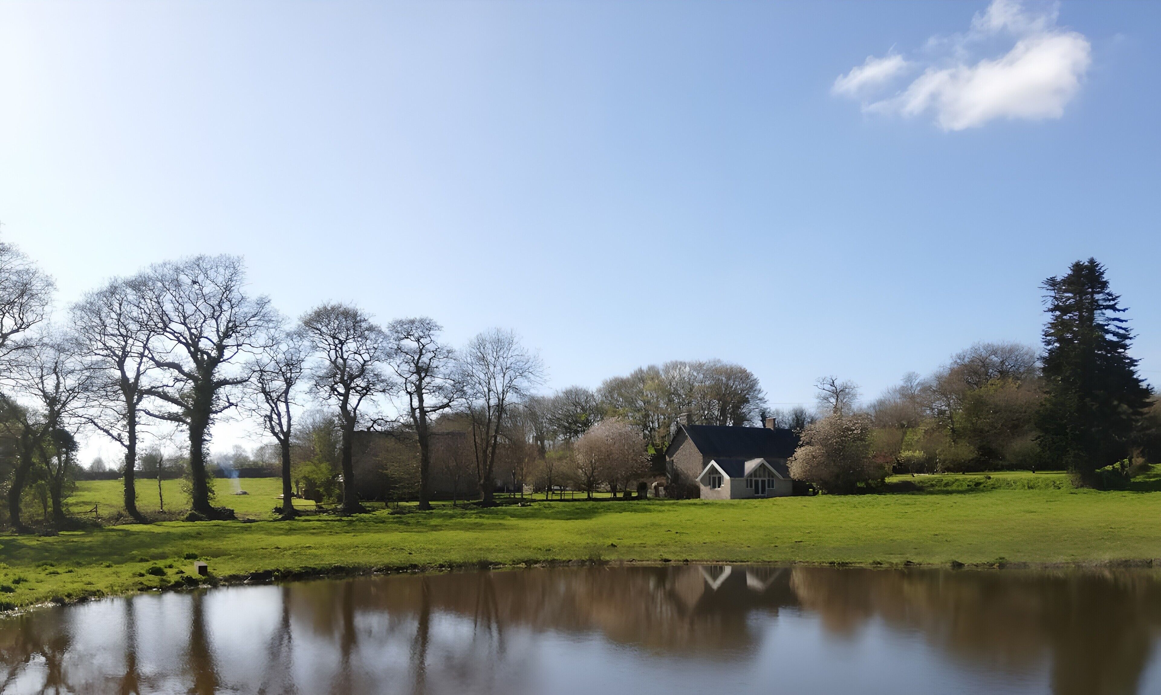 Una casa vicino a uno stagno, con alberi e cielo sereno.