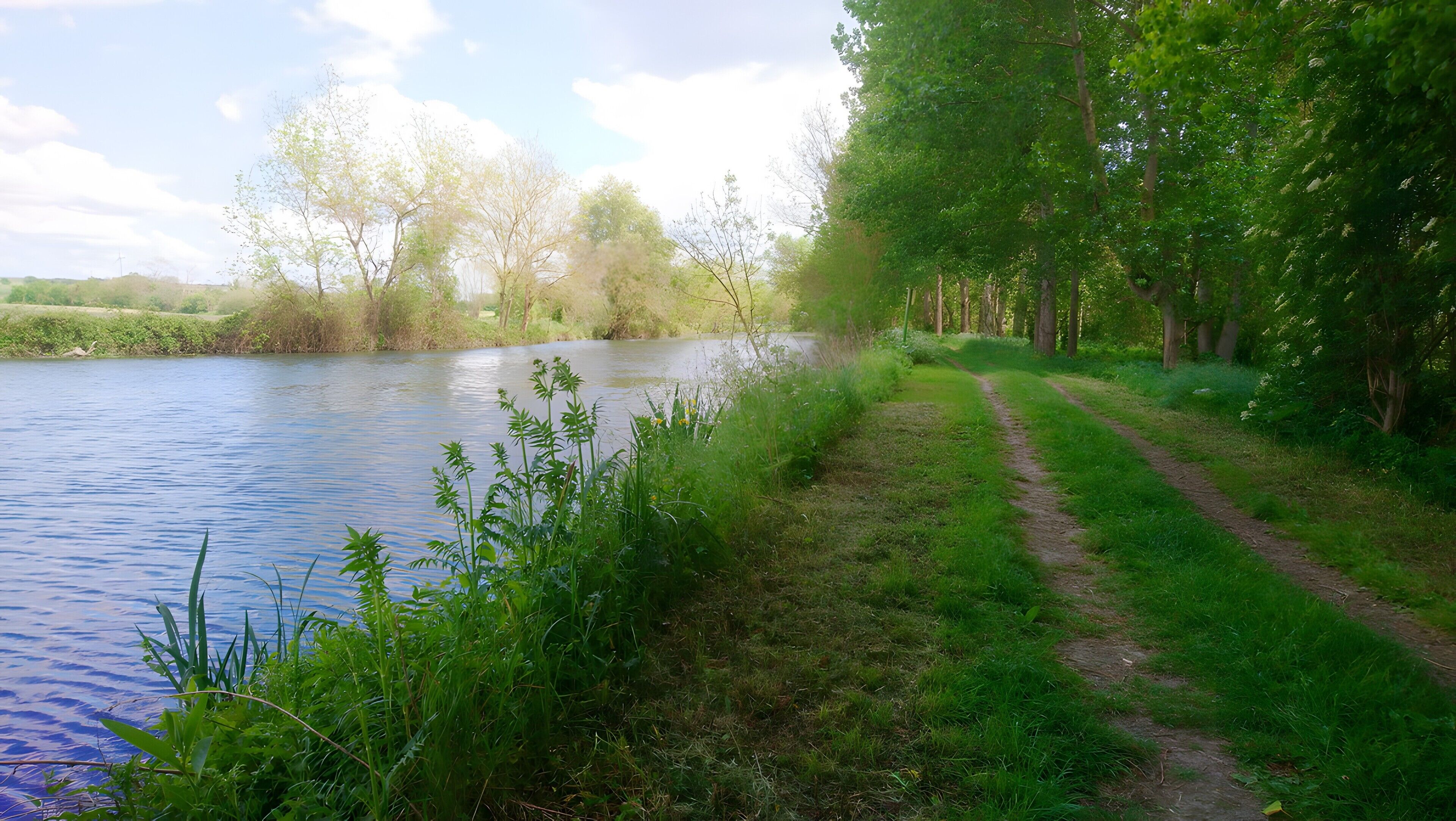 A river with a grassy path alongside.