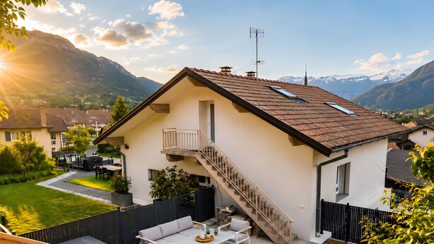 Una casa de dos pisos con un balcón, una escalera y un patio con mobiliario exterior.