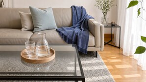 A modern living room with a sofa, a coffee table with glasses and a vase, and a plant. - Apartment '4 Neue Suite, 79qm' with Shared Terrace, Balcony and Wi-Fi (Baden-Baden)