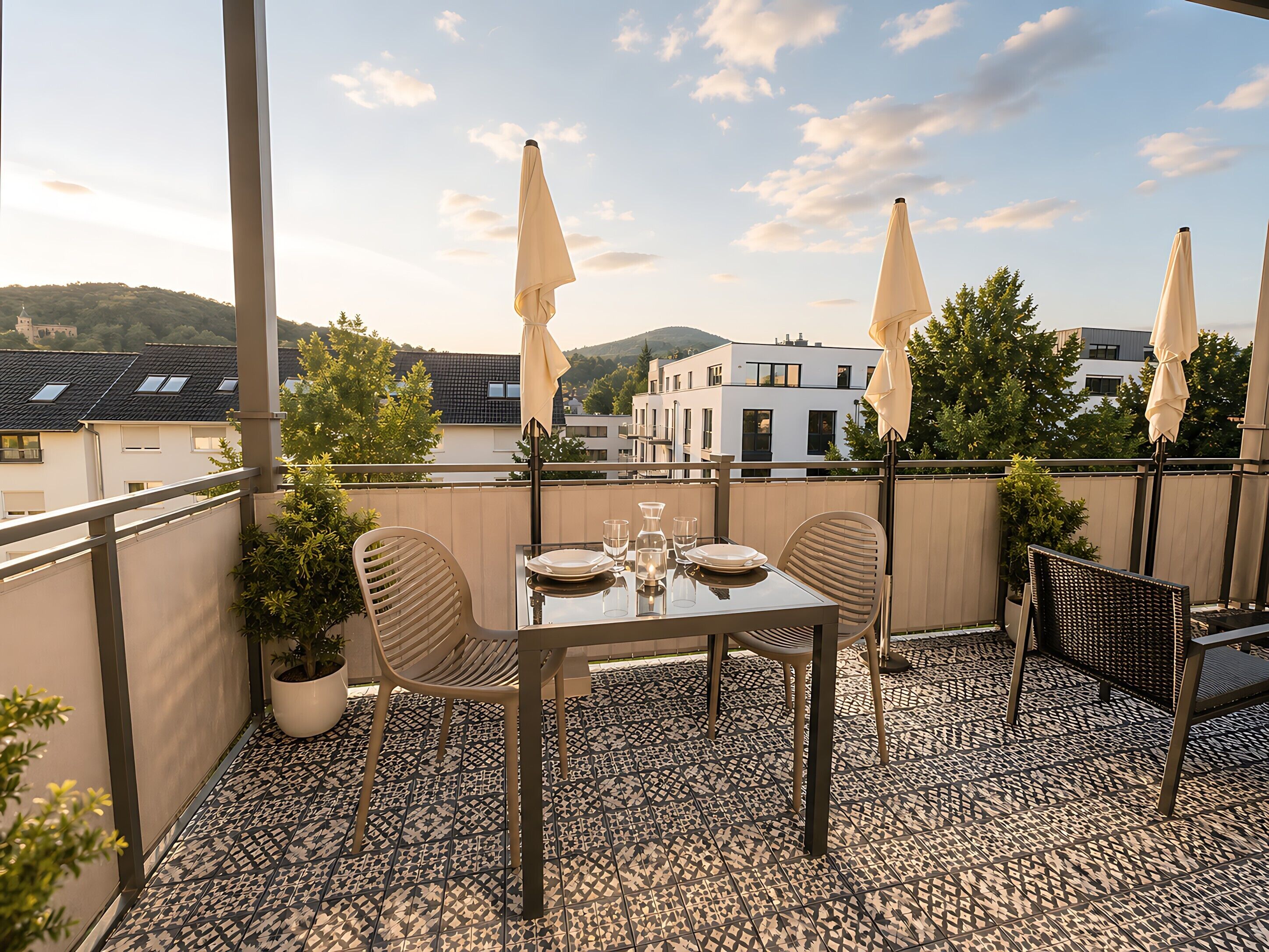 Een terras met een tafel gedekt voor twee personen, buitenstoelen, potplanten en parasols.