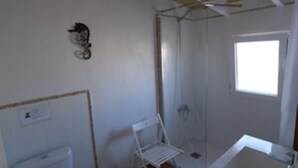 Une pièce avec une douche, des toilettes et une fenêtre.