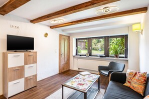 Una sala de estar con televisor, armarios de madera, un sofá, una mesita de centro y una ventana con vista a vegetación.