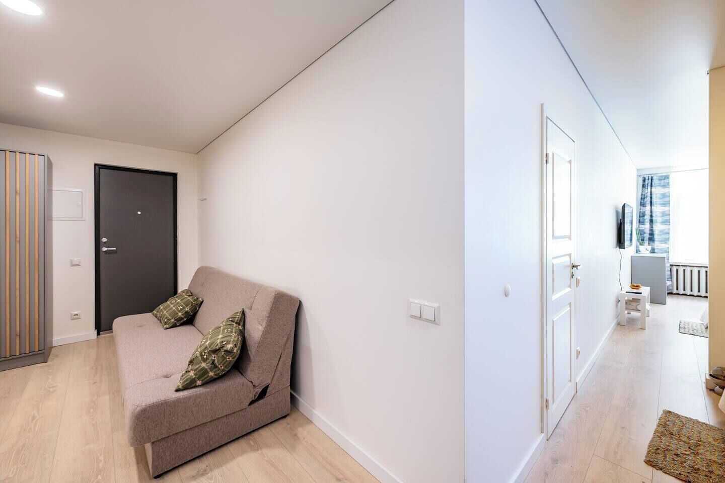 A modern living room with a sofa, a dark door, and a hallway leading to a balcony.