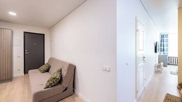 A modern living room with a sofa, a dark door, and a hallway leading to a balcony.