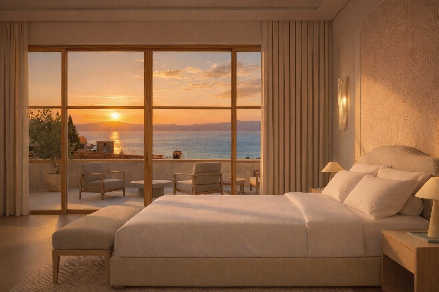 Deluxe Double Room, Terrace, Sea View | Free minibar, in-room safe, desk, blackout drapes