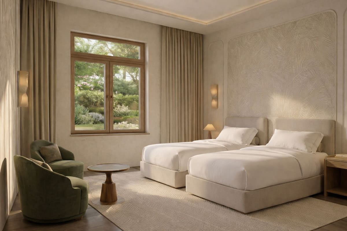 A modern bedroom with two beds, a green armchair, a small round table, and a large window with a view of greenery.