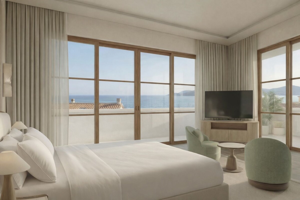 A hotel room with a large bed, two chairs, a TV, and a balcony with a view of the sea.