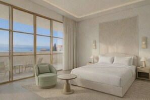 Superior Double Room, Balcony, Sea View | Bar mini percuma, peti besi dalam bilik, meja 