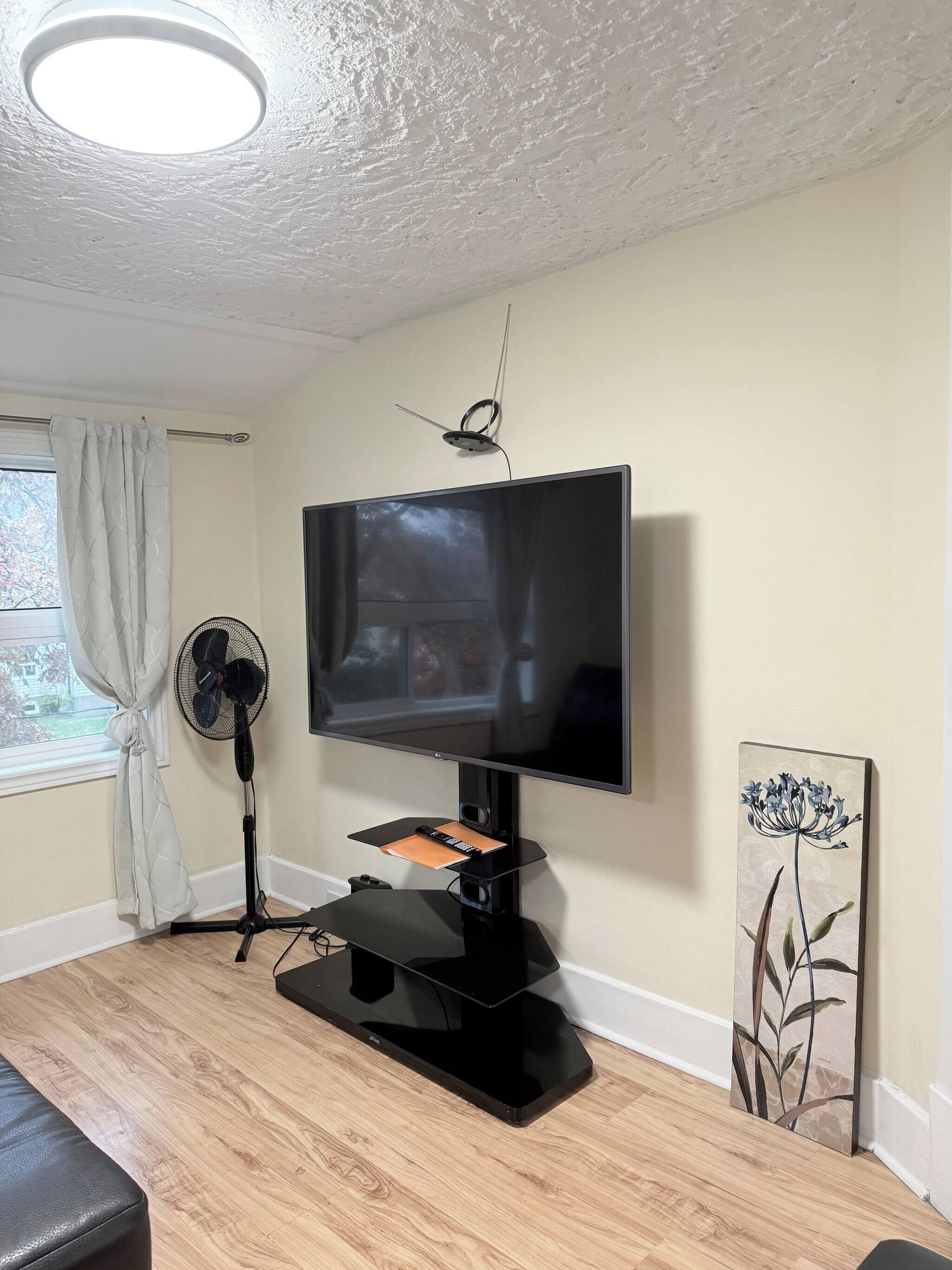 A living room with a flat-screen TV mounted on the wall, a standing fan, a black entertainment unit, and a painting on the wall.