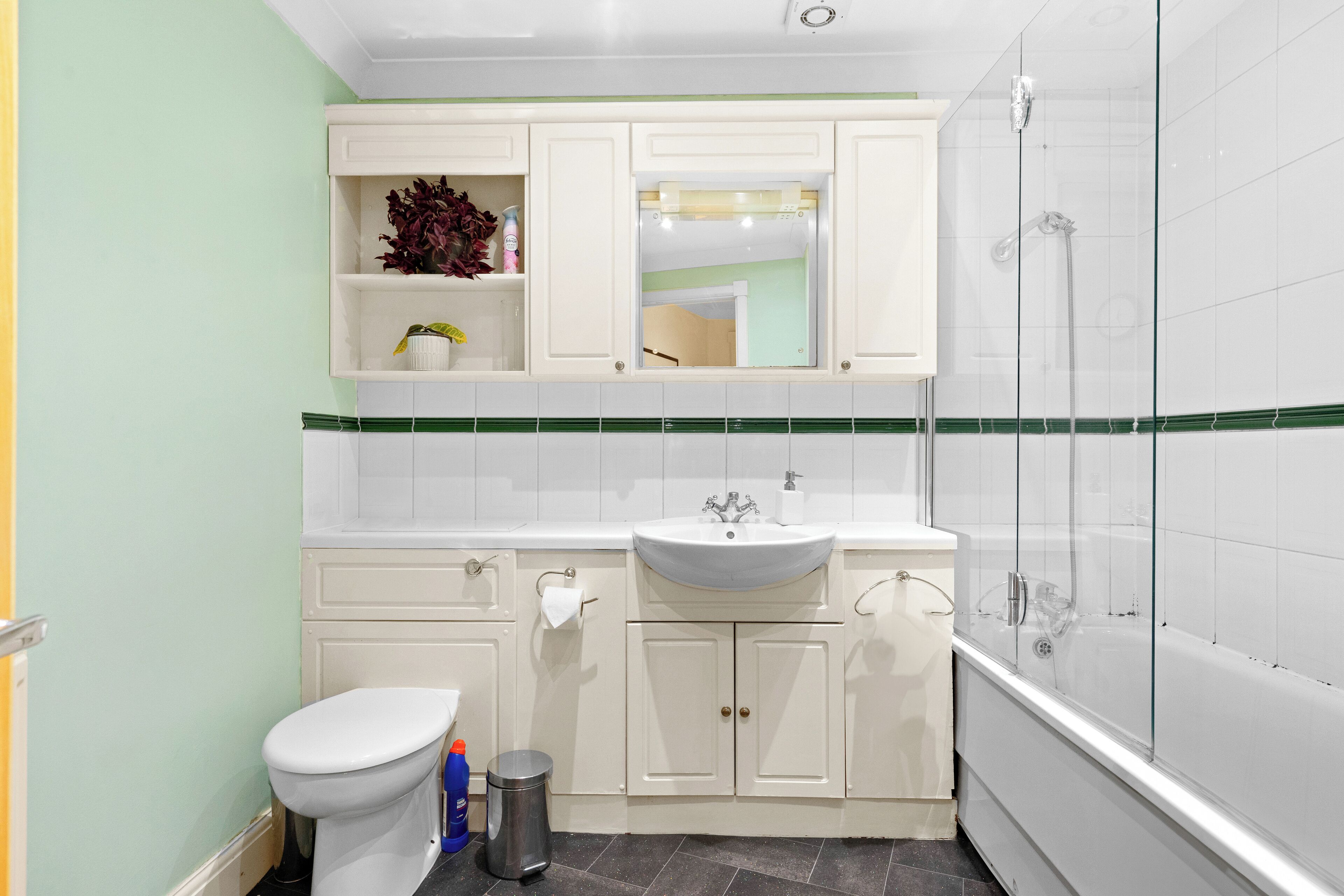 Hair dryer, towels, soap, toilet paper