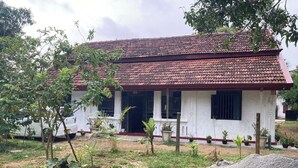 A white building with a red-tiled roof, surrounded by greenery and potted plants. - Pap de home (Weligama, Weligama, Hettiweediya)
