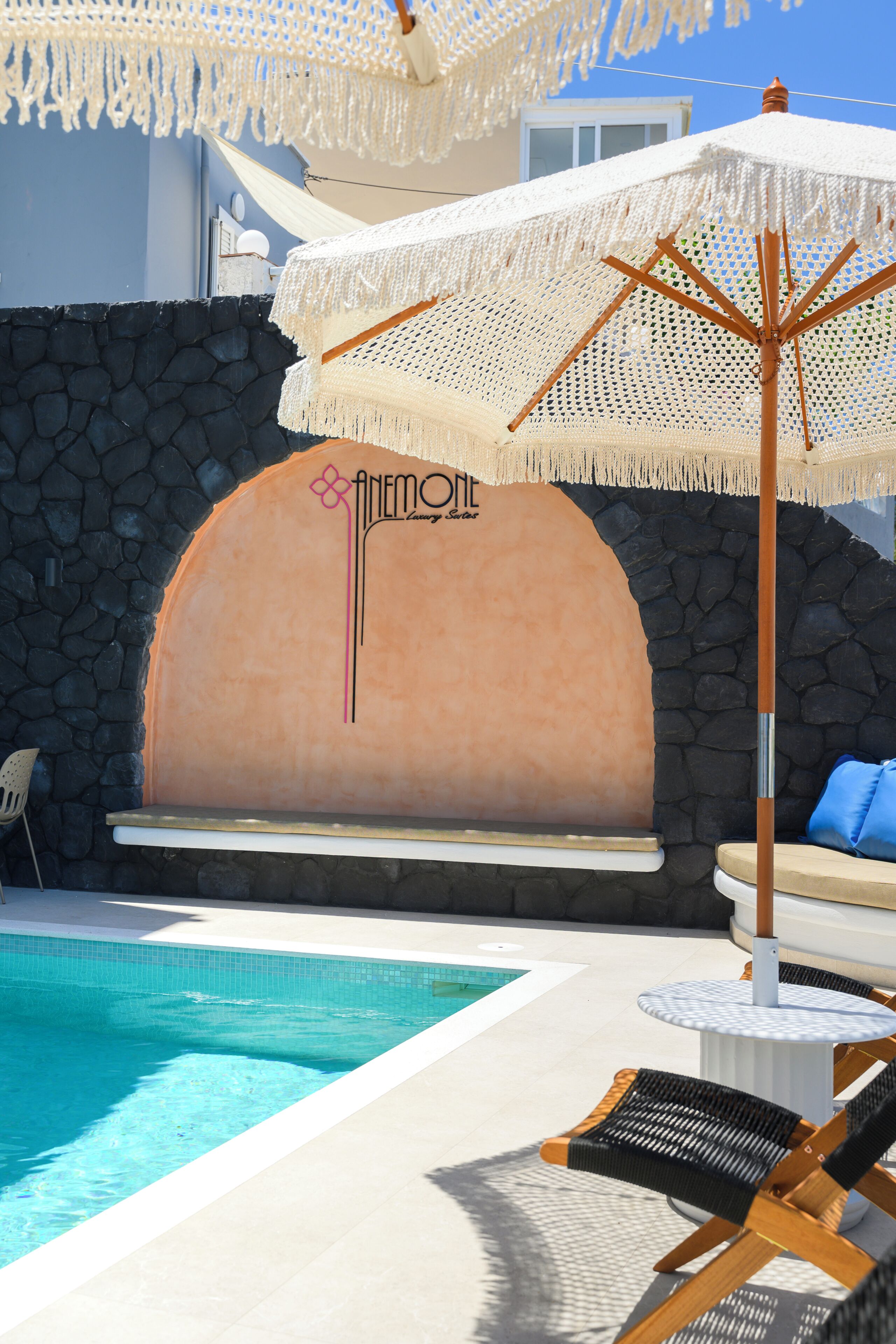 Seasonal outdoor pool, pool umbrellas, pool loungers