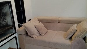 Un canapé beige avec des coussins, un téléviseur et un parquet en bois à motifs chevrons.