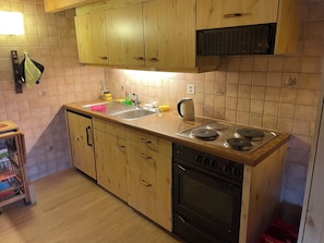A compact kitchen with wooden cabinets, a sink, a stove, and a microwave. - Lake View Chalet , Därligen (Darligen)