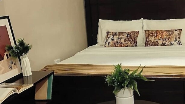Una cama bien hecha con almohadas estampadas, una mesita de noche con una planta y una pequeña mesa redonda con otra planta.