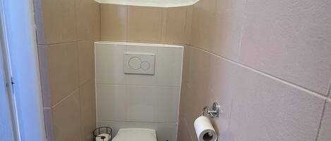 Hair dryer, towels, soap, toilet paper