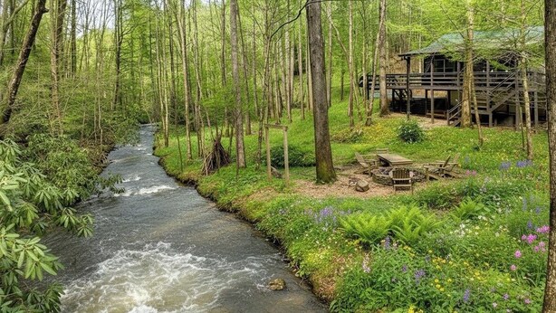A forested area with a river, a wooden structure, and a picnic table. - 706 On The Creek - Mid-century modern-inspired vibe - Blue Ridge, GA (Blue Ridge)