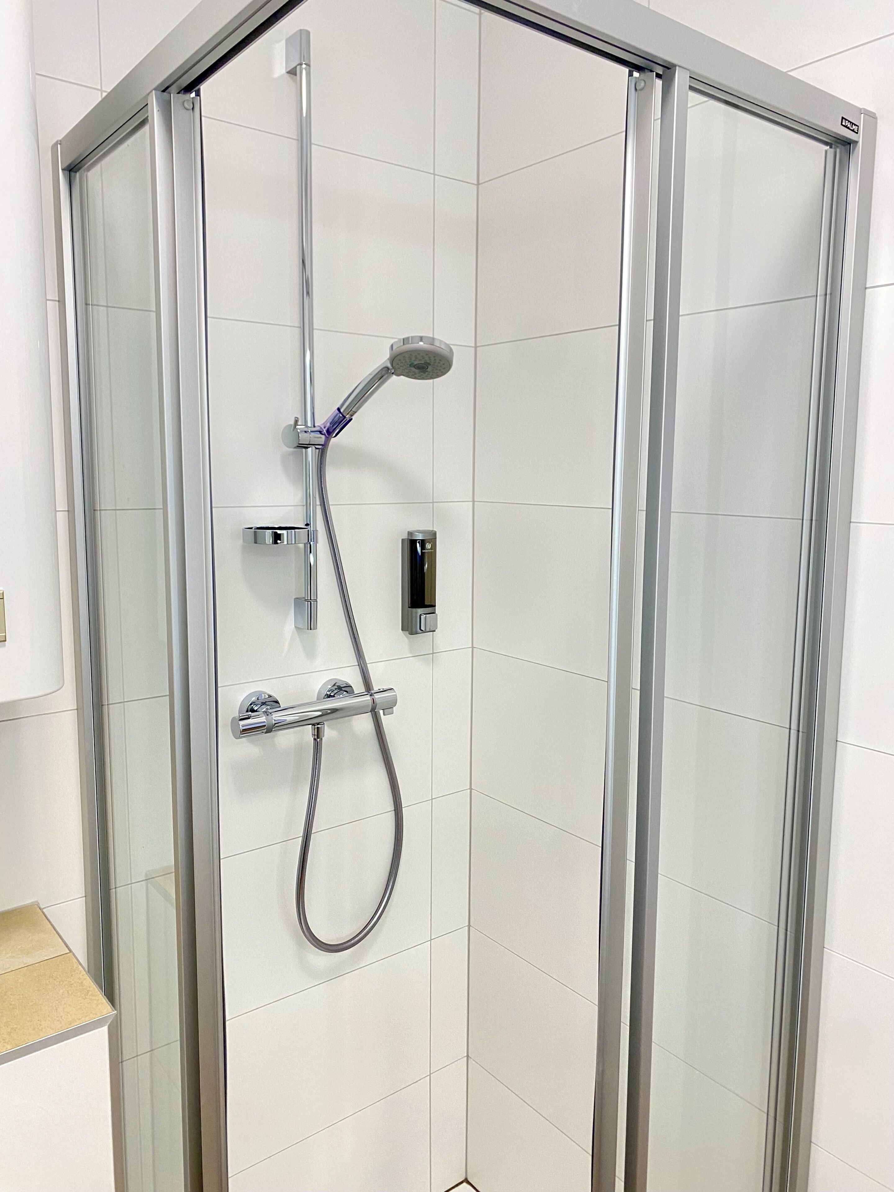 A glass-enclosed shower with a handheld showerhead and a wall-mounted control panel.