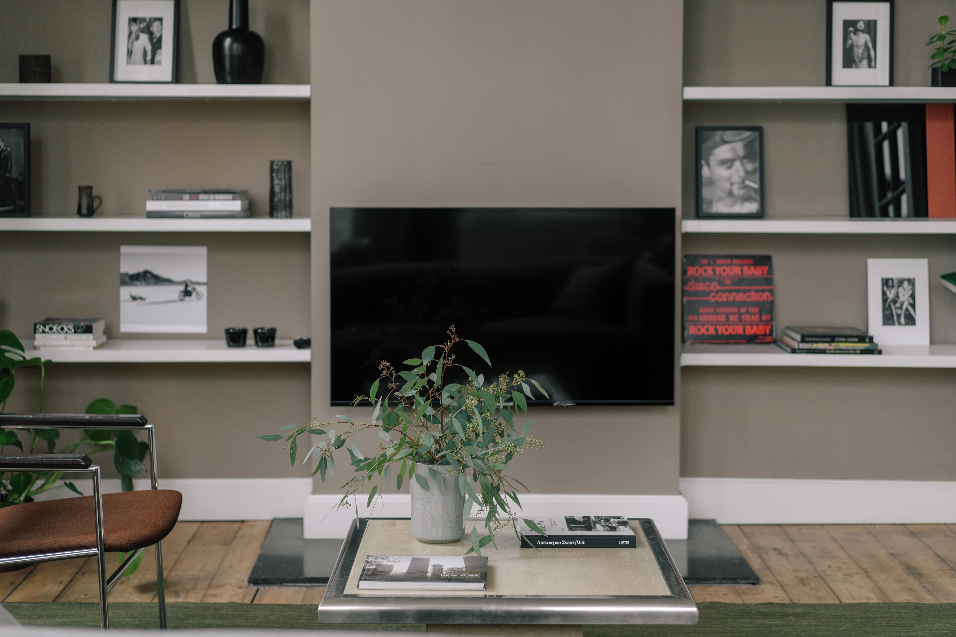A living room with a flat-screen TV, a potted plant, a coffee table with books, and a modern chair.