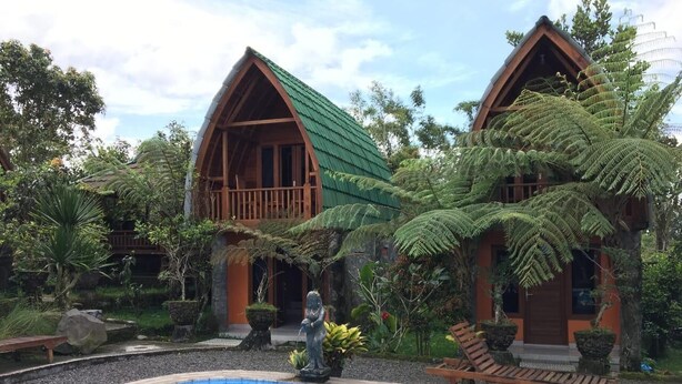 Een resort met twee houten bungalows, een zwembad en weelderige begroeiing.