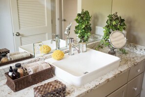 A bathroom with a white sink, two faucets, a mirror, and a potted plant. - The Crown Jewel Apartment in Watch Hill, RI. (Westerly)